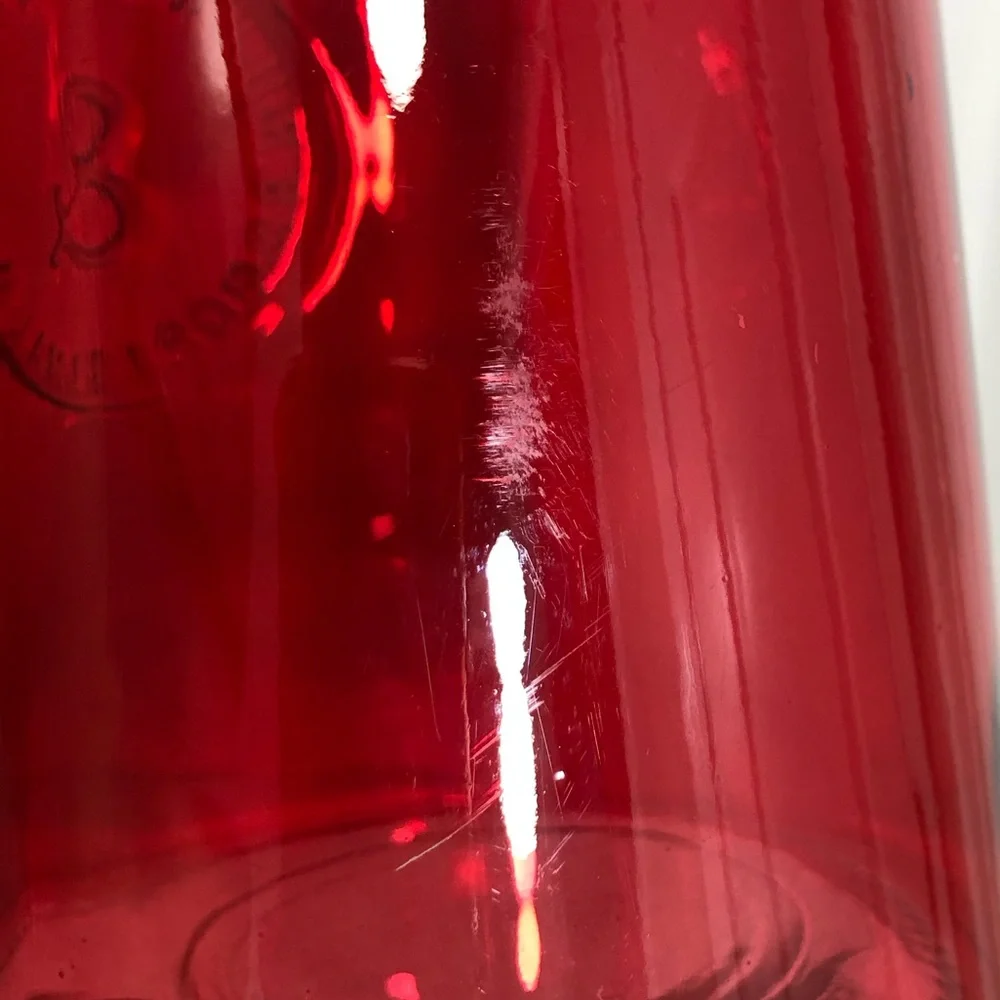 Genuine Crafted & Original Red Glass Ribbed Candle Holder with Metal Wire Handle